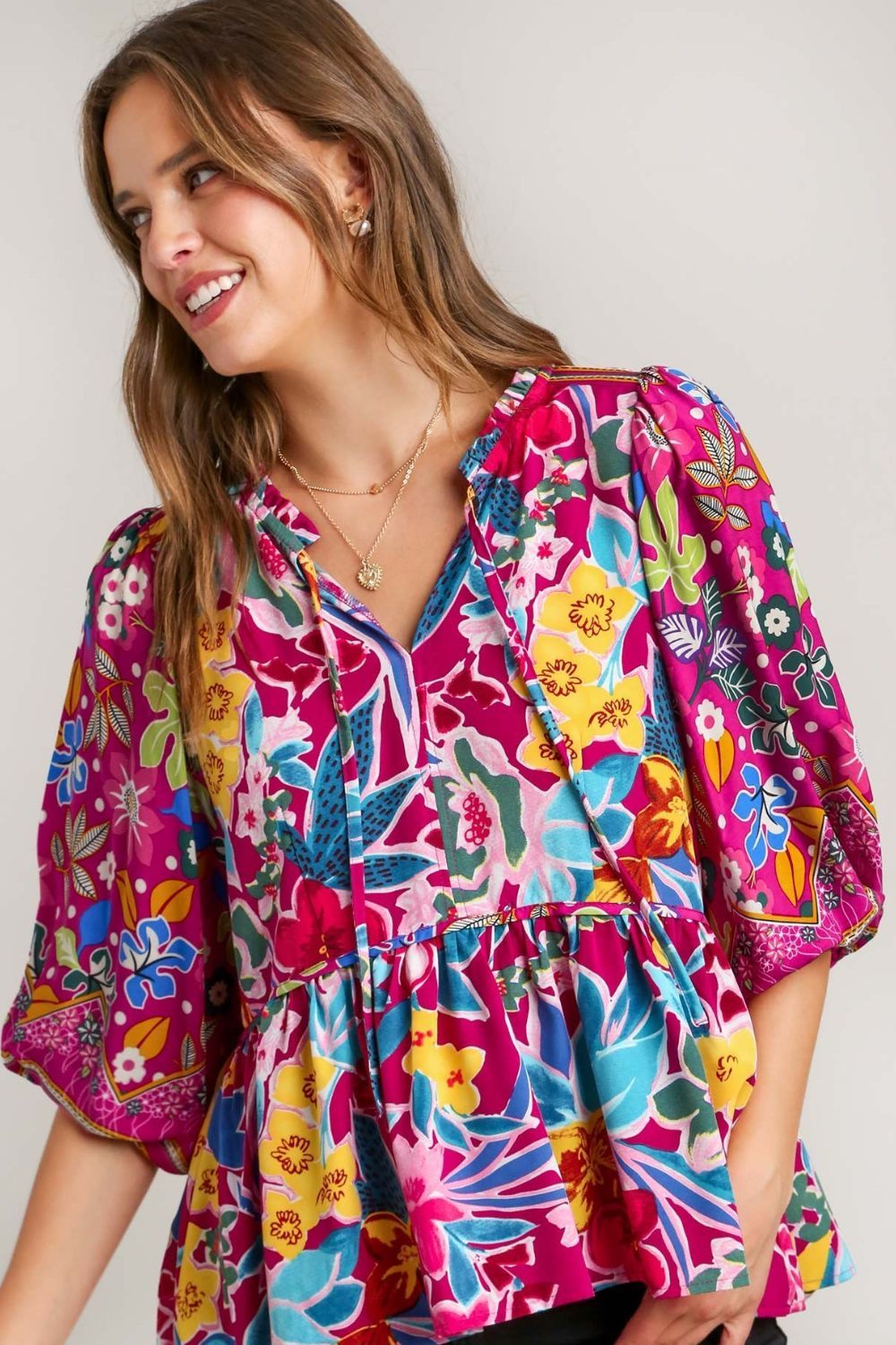 Umgee Full Size Floral Print Tie Neck Peplum Blouse Plus Size - $47.52+