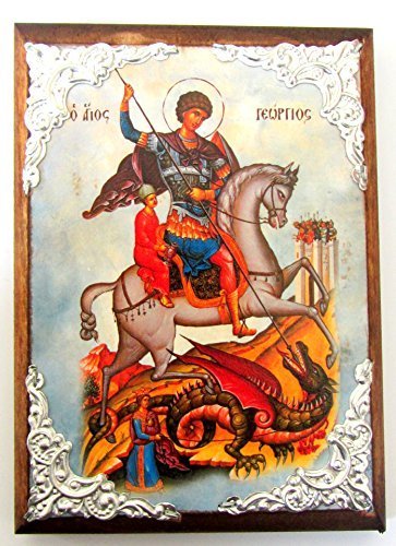 Wooden Greek Christian Orthodox Wood Icon of Saint George Riding His Horse and S