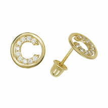 Letter &quot;C&quot; Initial Round Child Stud Earrings Screw Back 14K Yellow Gold - £62.70 GBP