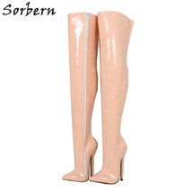 Nude Pink Over The Knee Boot Thigh High Hard Shaft Boot 18Cm Heels Dominatrix - £239.30 GBP