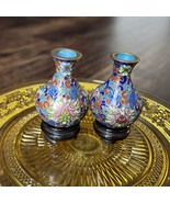 2 Vintage Cloisonne  painted Vase floral ornate 3 in h w/ stand Small mini - $380.79 MXN