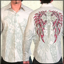 Rebel Spirit Cross Angel Wings Medieval Mens Long Sleeve Button Up Shirt... - £59.75 GBP