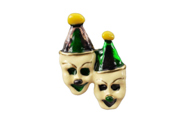 Vintage Twin Smiling Clowns Pin Brooch Gold Tone Enamel with Rhinestone Eyes - £7.87 GBP