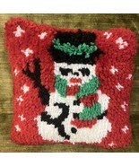 Vintage Handmade Latch Hook 12&quot; Throw Pillow Red Snowman Winter Christmas - $9.56 CAD