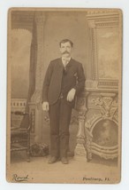 Antique c1880s Cabinet Card Handsome Man Mustache Faux Fireplace Poultney, VT - £9.52 GBP