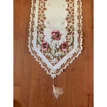 Vintage Floral Embroidered Table Runner 96 Inches Long Cream with Pink Flowers L - £19.37 GBP