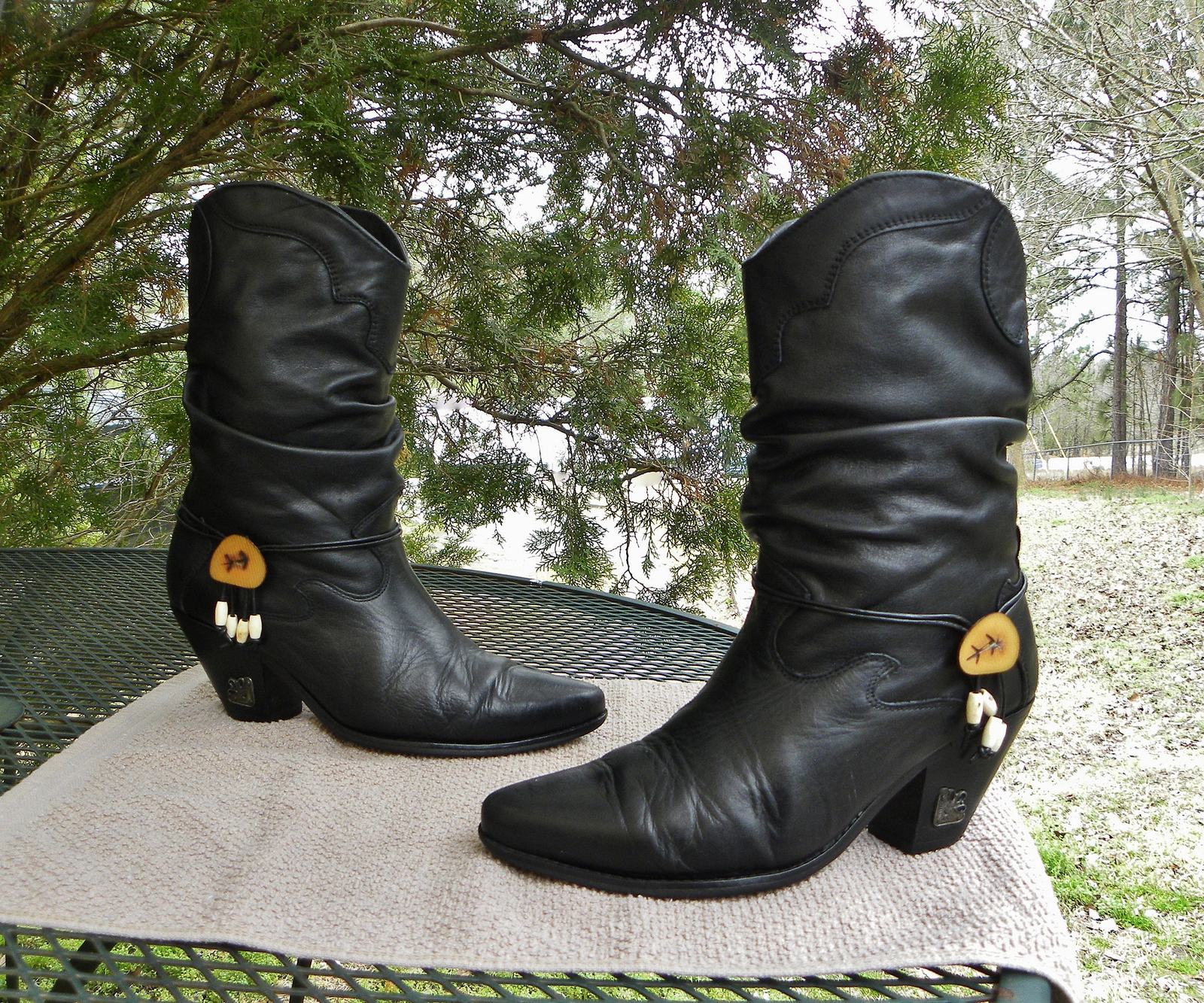 Vintage Spain ZODIAC Slouchy Leather Western Boots- Black Concho Beaded ... - $105.95