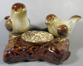 Bird Figurine 2 on a log Mini Dish Ceramic-Pottery Motley Drip Glaze Brown 8.5&quot;. - £22.19 GBP