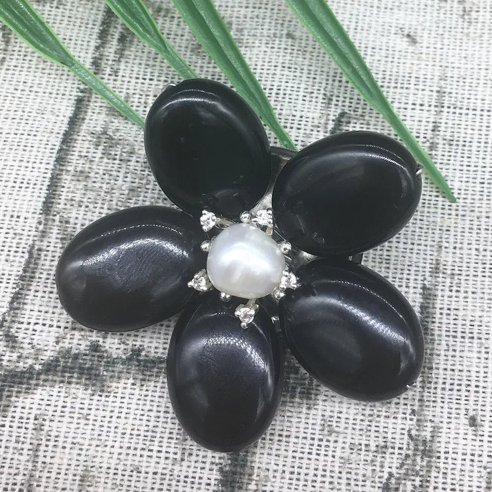 Black Agate Shell with White Real Pearl Silver Stamen Flower Design Broo... - $16.08