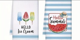 Decorative &quot;Hello Summer&quot;  Blue &amp; White Strip Pattern Hand Towel ~ NEW ~ - £7.54 GBP