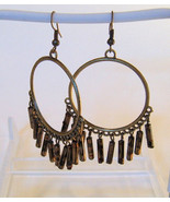 Earrings Gold Tone Brass Hoops Long Shimmering Golden Beads - $10.96 CAD
