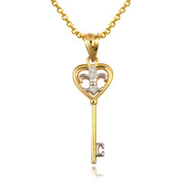 14k Solid Gold Fleur De Lis Key Heart Pendant Necklace -Yellow Rose White - £95.82 GBP+