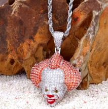 Silver Plated Hip Hop Iced CZ Bling Clown Face Pendant + 20&quot; Rope Chain - £18.86 GBP