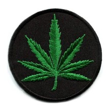 MARIJUANA LEAF IRON ON PATCH 3.2&quot; Round Pot Weed Hippie Embroidered Appl... - £3.95 GBP
