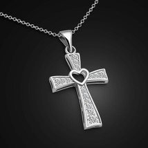 14k White Gold Plated Round Simulated Diamond Heart Cross Pendant 18&quot; Chain Xmas - $102.68