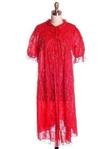 Vintage Robe Cherry Red  Silver Lace Nylon Chiffon  Bust 40 1950s - $39.20
