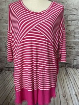 UMGEE Womens Shirt M Tunic Pink Stripe Fray Edge 3/4 Sleeve Casual Colorful - $210.34 MXN