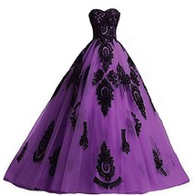 Vintage Gothic Prom Dresses Long Black Lace Wedding Ball Gown Tulle Purple US 16 - £133.44 GBP