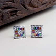 Real Silver Rainbow Color CZ silver Stud Earring Set In Platinum Finish - £22.78 GBP
