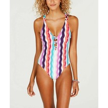 Bar III Waves Chevron Printed Strappy High Leg One-Piece Swimsuit XS Teal Pink - $23.71