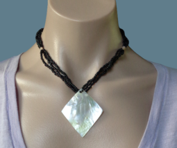 White MOP Mother Of Pearl Shell Pendant Black Multi Strand Seed Bead Necklace - £15.81 GBP