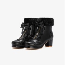 Autumn Winter Mid-Calf boots Round toe Chunky heels PU Zip Flower Lolita Ladylik - £74.65 GBP