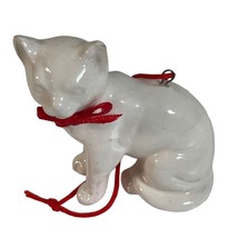 Vintage White Ceramic Cat Ornament Red Ribbon Bow and Hanger - £6.18 GBP
