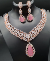 Indian Rose Gold Plated Bollywood Style Choker Necklace CZ Pink Jewelry Set - £96.88 GBP