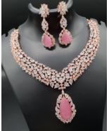 Indian Rose Gold Plated Bollywood Style Choker Necklace CZ Pink Jewelry Set - £97.57 GBP