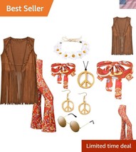 7-Piece 70s Hippie Costume Set with Fringe Vest and Accessories - Medium - $52.50