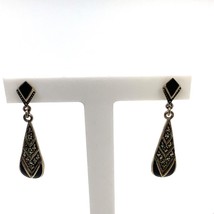 Vintage Signed Sterling Art Deco Black Onyx Marcasite Teardrop Dangle Earrings - £30.23 GBP