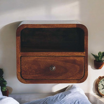 Mini Wall-Mounted Chestnut Nightstand - Curved, 1-Drawer &amp; Open Slot - $196.89 CAD
