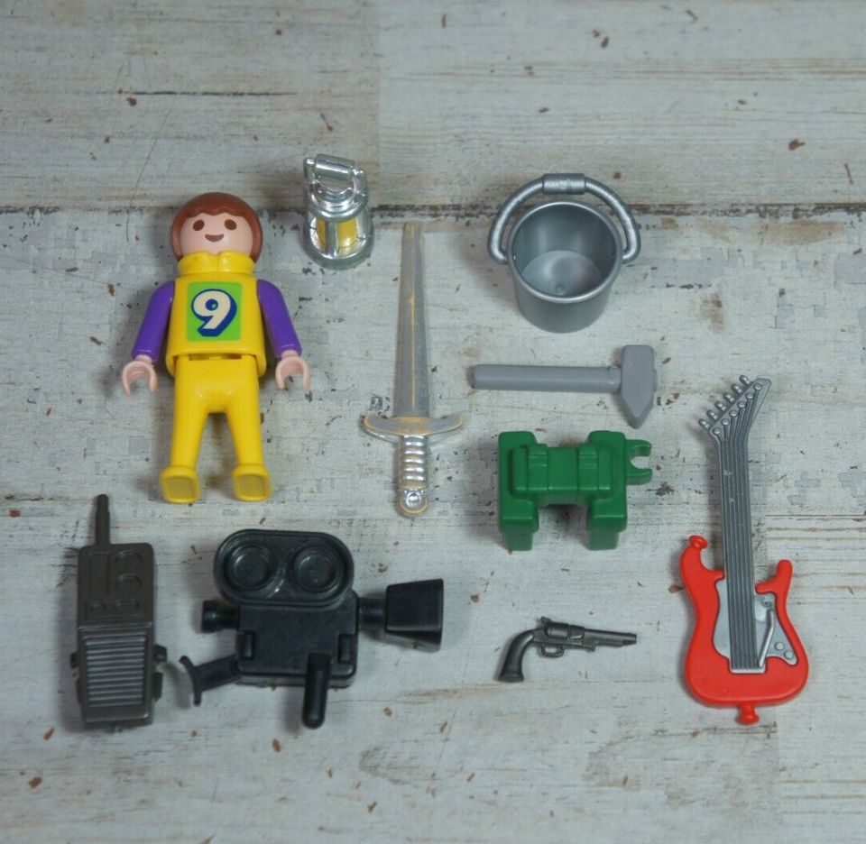 Primary image for Lot of Playmobil Vintage Sword Camera Chile Figure Red Guitar Revolver Lantern