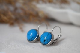 Turquoise Dangle Earrings Round Lever Back Hanging Earrings, 8mm 10mm Gemstone S - £24.70 GBP