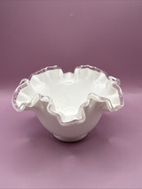 Vintage Fenton Clear Crest White Milk Glass Ruffled Crimped Edge 6.5&quot; W ... - $14.84