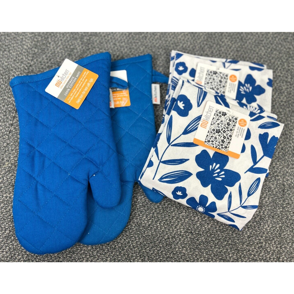 MU Kitchen 1Pair Oven Mitts 2 Towels Potholder Blue Floral Terry Lined S... - $16.97