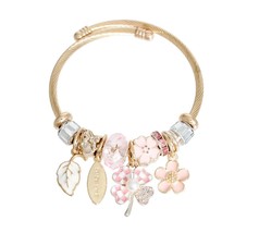 Gold Plated Twisted Cable Classic Wrap Flower, Forever Charms Bangle Bracelet - $29.40