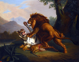 Framed Canvas Art Print Printing A Lion And Tiger In Combat Johann Wenzel Peter - £31.81 GBP+