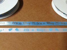 3/8 Inch White 25 Yards Continuous Printed &quot;It&#39;s a Boy&quot; Satin Ribbon Baby Shower - £6.20 GBP