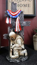 Kneeling Soldier In Prayer By 3 Rugged Crosses American Flag Memorial Fi... - £28.52 GBP