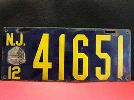 Vtg Porcelain NJ 41651 Automobile/Automotive License Plate 1912 Blue/Yellow - £633.93 GBP