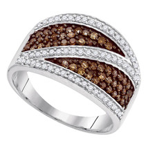 10k White Gold Round Brown Color Enhanced Diamond Crossover Stripe Band Ring - £399.60 GBP