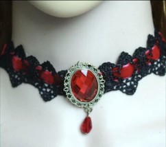 Goth Choker Necklace - Black Lace with Red Gem - Party Rave Outfit - Gothic Jew - £11.89 GBP
