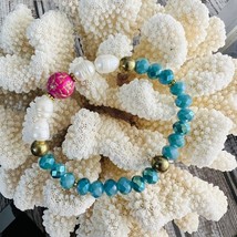 Cultured Freshwater Pearl Turquoise Crystal Rose Bead Bracelet Handmade Stretch - £16.07 GBP