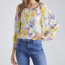 Shoshanna NWT CeCe Smocked Sheer Sleeve Yellow Floral Print Blouse Size XL - £56.05 GBP