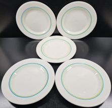 5 Buffalo China Blue Green Band Dinner Plate Set Vintage Restaurant Ware MCM Lot - £55.29 GBP