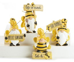 Bee Gnome Figurines with Sentiment Set 4 Resin Yellow Black Bumblebee Home