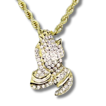 Praying Hands Cz Pendant 14k Gold Plated 24&quot; 3mm Rope Chain Hip Hop Jewelry - £7.19 GBP