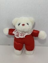 small vintage plush white teddy bear red nose outfit lace collar - $6.11