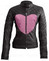 New Woman Love Black Pink Heart Quilted Flash Cowhide Brando Leather Jac... - $167.39+